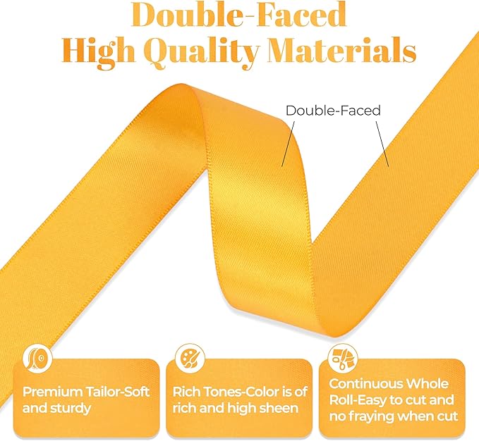 Yellow Gold Satin Ribbon, Double Faced 1 Inch X 25 Yards Yellow Gold Ribbon, Premium Satin Ribbon for Gift Wrapping, Crafts, Hair Bow Making, Sewing, Flower Bouquet, Wedding Party Decor