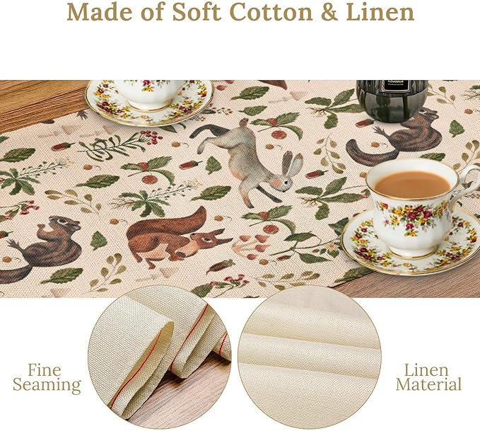 Rustic Forest Table Runner, Cartoon Woodland Wild Animals Rabbit Fox Vintage Botanical Mushroom Herbs Table Cover for Indoor Outdoor Home Decor Party, 13x90inch