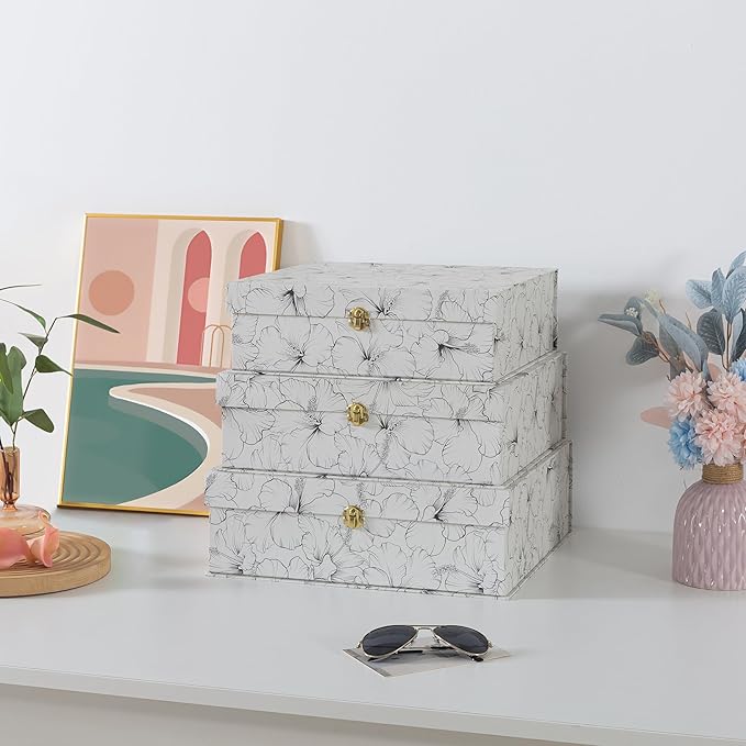 Soul & Lane Black and White Floral Cardboard Decorative Storage Boxes with Gold Hardware - Set of 3, Hibiscus Harmony - Stacking Boxes with Lids for Home Decor and Organizing, Elegant Design