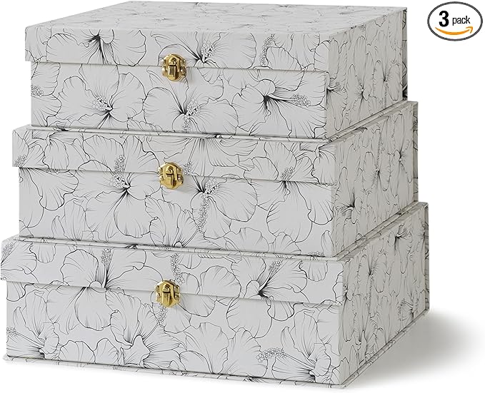 Soul & Lane Black and White Floral Cardboard Decorative Storage Boxes with Gold Hardware - Set of 3, Hibiscus Harmony - Stacking Boxes with Lids for Home Decor and Organizing, Elegant Design