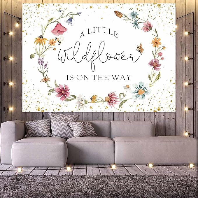 Wildflower Baby Shower Backdrop for Girl Watercolor Wild Floral Butterfly Photography Background Garden Wildflower Baby Shower Cake Table Banner Photoshoot Props (7x5ft)