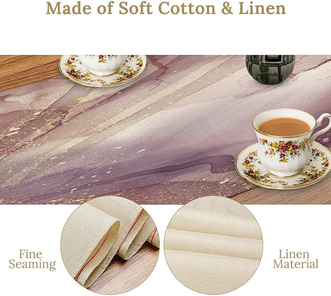 Pink Marble Table Runner Purple Maroon Gold Veins Unique Ombre Abstract Modern Luxury Ink Texture Seasonal Dinner Runner Table Decoration for Home Kitchen Dining Holiday Party 13x70in
