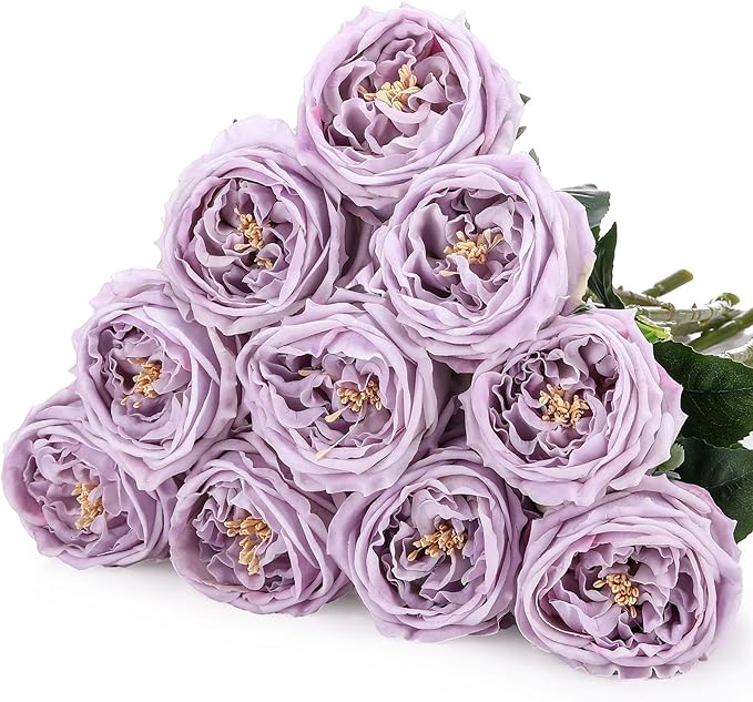 10pcs Real Touch Peonies Artificial Flowers, Faux Austin Rose with Long Stem Look Real Fake Flower for Christmas Valentines Arrangement Wedding Party Home Kitchen Decor (Light Purple)