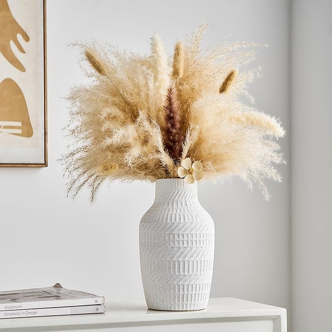 Modern White Ceramic Vase, Boho Flower Vases for Decor, 5.1" W x 8.7" H Modern Vase with Textured Pattern Table Centerpiece for Living Room Office Bedroom (Matte White Vase)