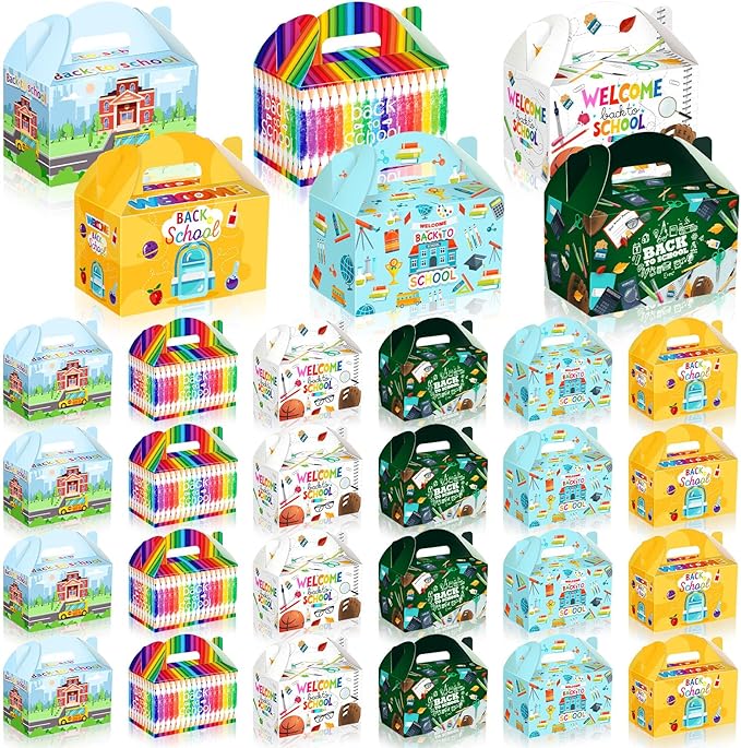 24 Pcs Back to School Party Favor Boxes First Day of School Gift Goodie Candy Cookie Treat Boxes with Handles for Classroom New Semester Favors Party Supplies