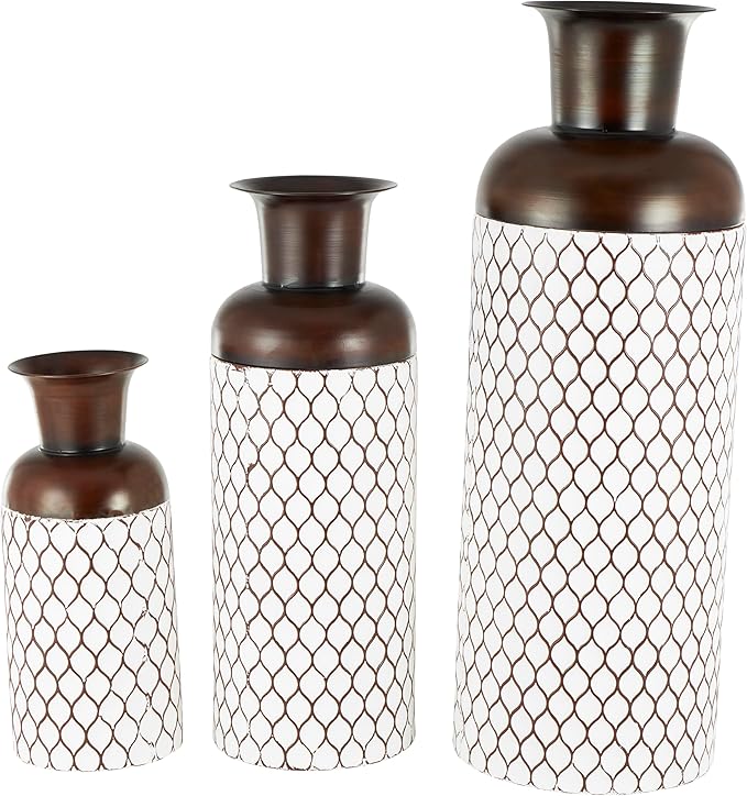 Deco 79 Metal Decorative Vase Tall Trellis Floor Centerpiece Vases with Brown Trumpet Tops, Set of 3 Flower Vases for Home Decoration 52", 39", 27" H, White