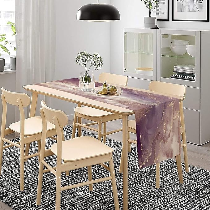 Pink Marble Table Runner Purple Maroon Gold Veins Unique Ombre Abstract Modern Luxury Ink Texture Seasonal Dinner Runner Table Decoration for Home Kitchen Dining Holiday Party 13x60in