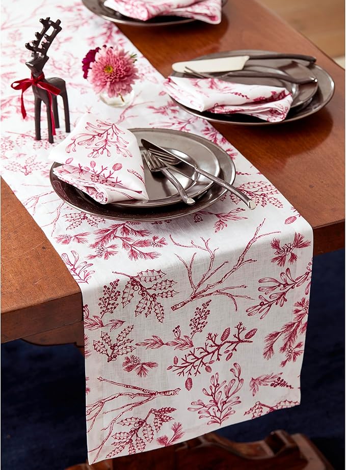 Solino Home 100% Pure Linen Christmas Table Runner 120 Inches Long - Red/White Table Runner 14 x 120 Inch - Handcrafted and Machine Washable - Winter Forest Print