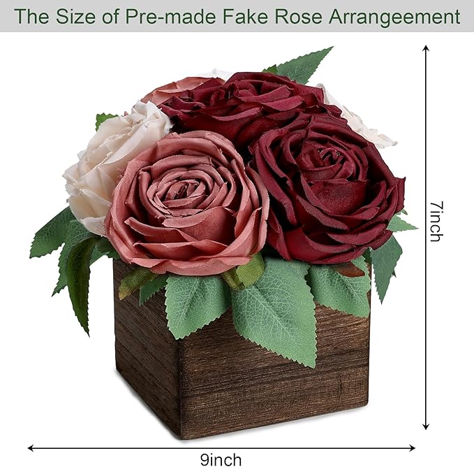 Dining Table Centerpiece Set of 6 - Pre-Made Aritifial Rose with Wooden Vase Fake Floral Arrangment Faux Flower for Wedding Bridal Tea Party Event Decorations - Burgundy & Dusty Pink
