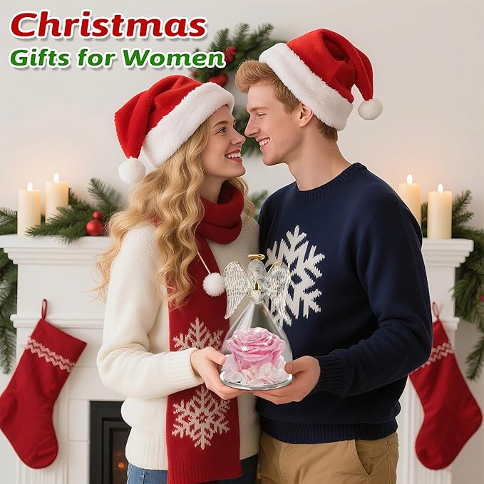 Yamonic Mom Birthday Gifts for Mom, Glass Angel Figurines with Real Rose Gifts for Moms Grandma, Preserved Flowers Real Rose Mothers Day Birthday Valentine’s Day Angel Gifts for Women Her(Pearl Pink)