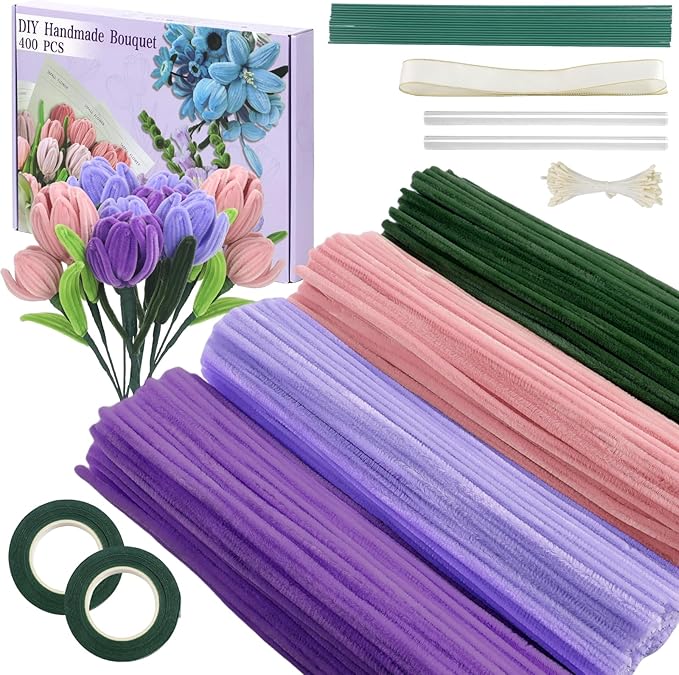 400 Pcs Pipe Cleaners Craft,4 Assorted Colors Pipe Cleaners Bulk, Chenille Stems for DIY Flower Making Kit with Floral Wires, Gardening Tape,Stamen& Ribbon(Purple)