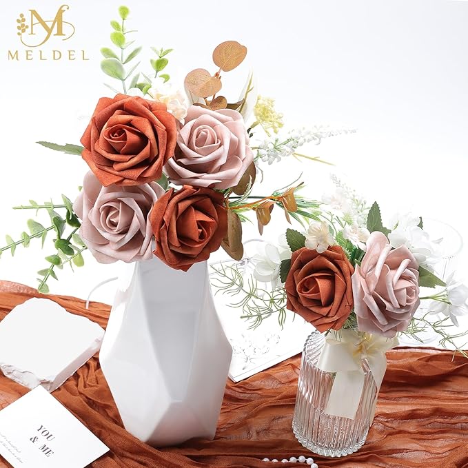 Meldel Artificial Flowers 25pcs Real Looking Burnt Orange Warm Taupe Foam Fake Roses with Stems for DIY Wedding Bouquets Bridal Shower Centerpieces Floral Arrangements Home Decorations Bulk Crafts