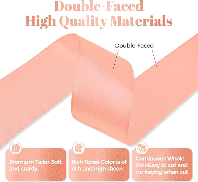 Premium Double Faced Satin Ribbon, 2 Inch X 25 Yards, Peach, Perfect for Gift Wrapping, Crafts, Wedding Decor