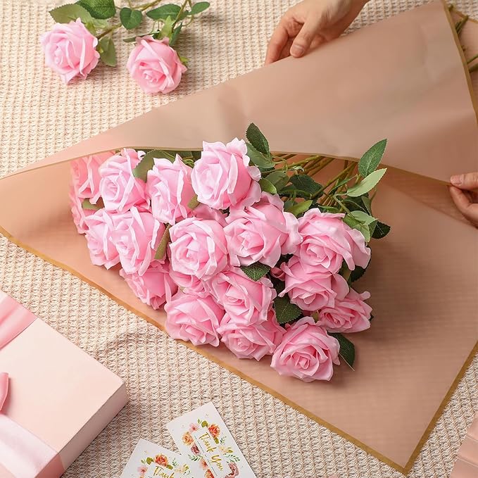 Jexine 60 PCS Artificial Roses Bulk Silk Flowers with Long Stems, Realistic Faux Rose Bouquet for Wedding Centerpieces, Valentine’s Party, Home Decor(Pink)