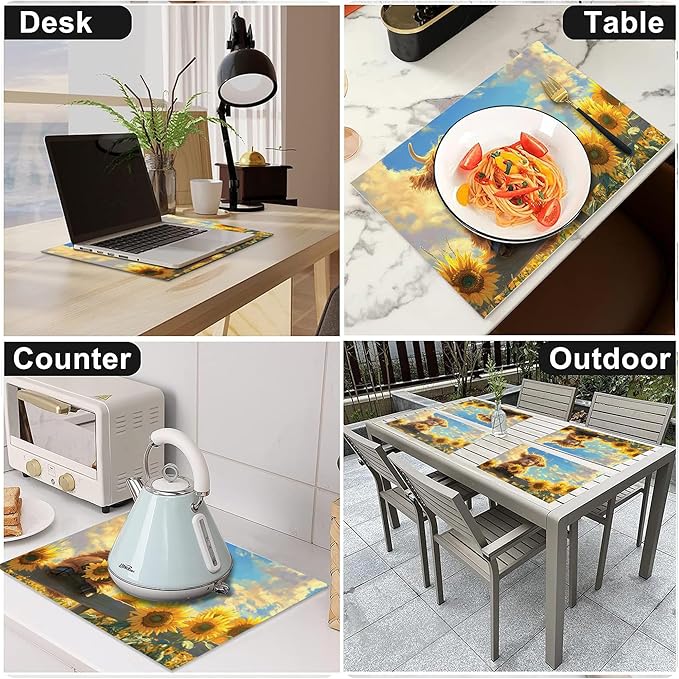 Cute Highland Cow Placemats Set of 6 Washable Table Mats Summer Yellow Sunflower Heat-Resistant Cotton Linen Place Mats for Dining Table Kitchen Indoor Outdoor Party Holiday Decor