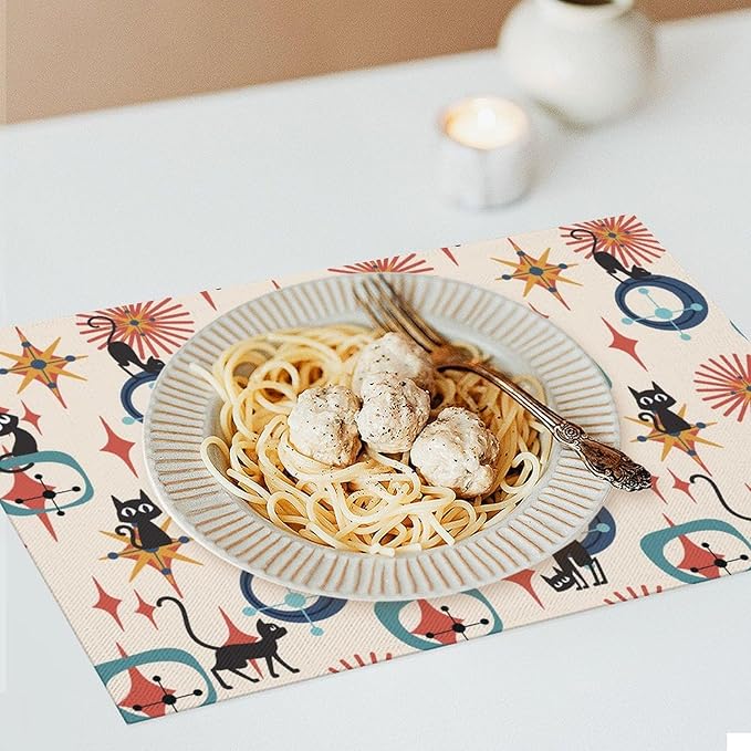 Mid Century Black Cat Modern Placemats Set of 6,Kitchen Table Mats for Dining Outdoor Home Decor 12x18 Retro Place Mats 6 PCS, Style-17
