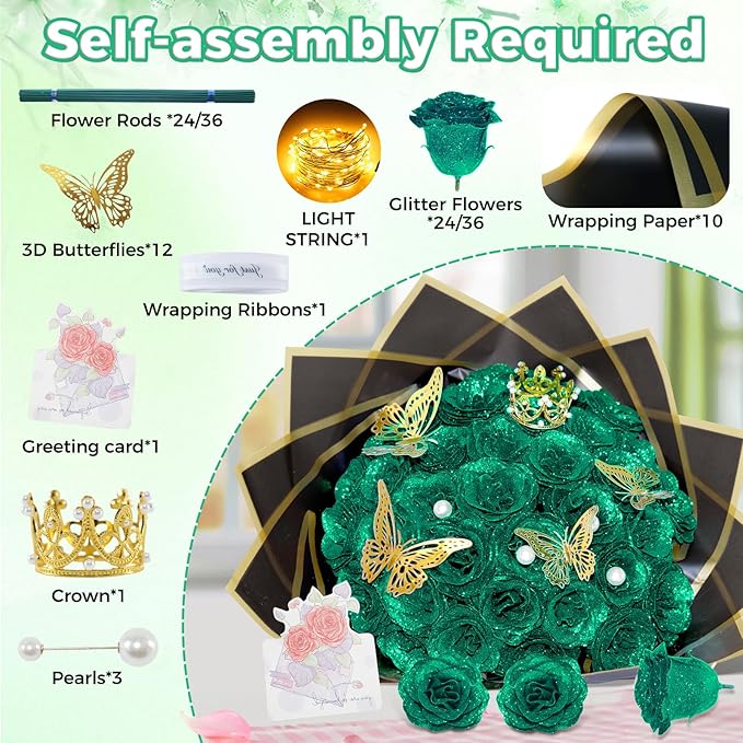 Dark Green Glitter Roses Bouquet, 36 Pcs Shiny Glitter Flowers Bouquet, Everlasting DIY Artificial Roses Bouquet for Christmas, Birthday, Anniversary, Wedding, Engagement