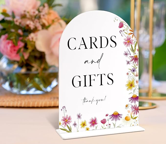 6x8" Cards and Gifts Sign for Wedding Table Decor, Wild Flower Arch Acrylic Wedding Signs for Reception, Floral Bridal Shower Engagement Party Decor for Baby In Bloom Baby Shower Decorations