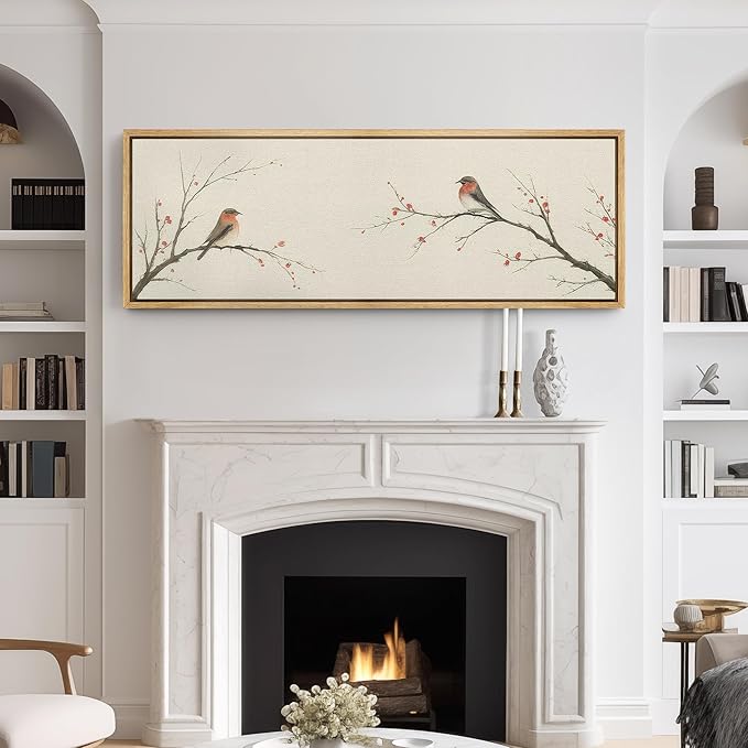 SIGNFORD Large Framed Canvas Print Wall Art Minimalist Birds on Branches with Red Berries Illustrations Modern Art Relax/Calm Warm for Living Room, Bedroom, Office - 60"x20"