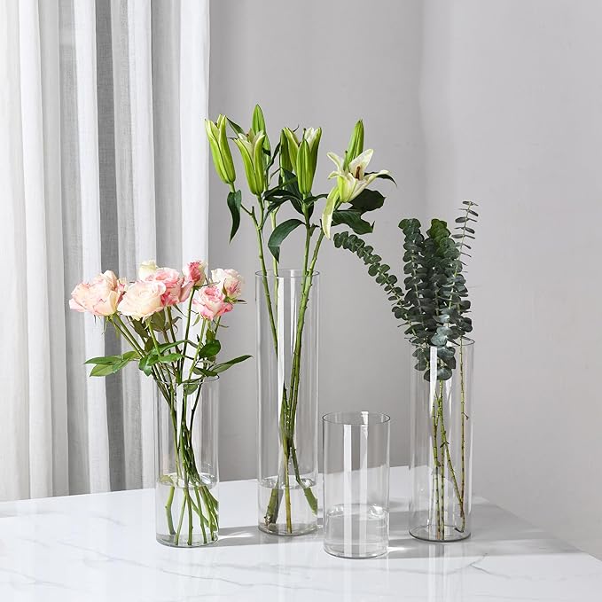Clear Flower Vase, Non-breakable Vases, 6" W x 6" H, Acrylic Vase, Aesthetic Room Decor Cylindrical Modern Flower Vases for Table Centerpiece, Home Decor, Women Floral Arrangement Gift
