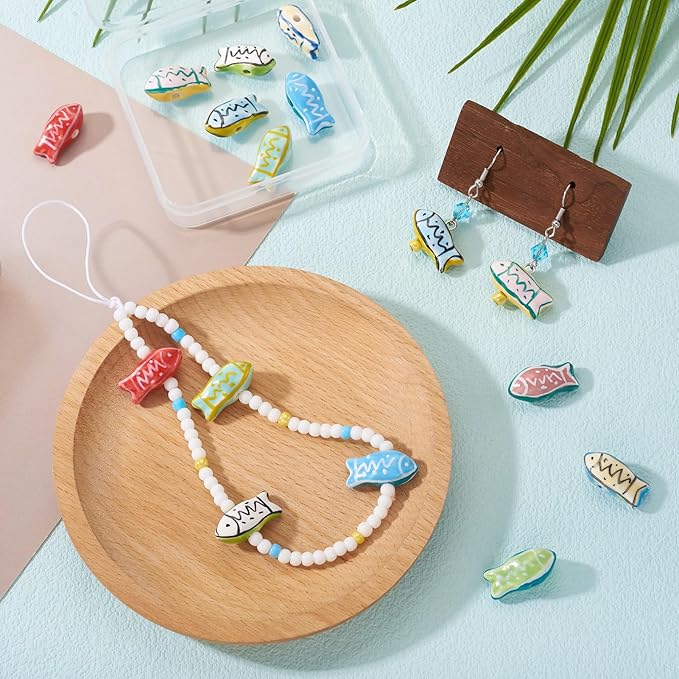Beadthoven 10Pcs Fish Handmade Porcelain Ceramic Beads Colorful Printed Ceramic Beads Cute Ocean Sea Animal Spacers for DIY Necklaces Bracelets Summer Jewelry Making Crafts Supplies