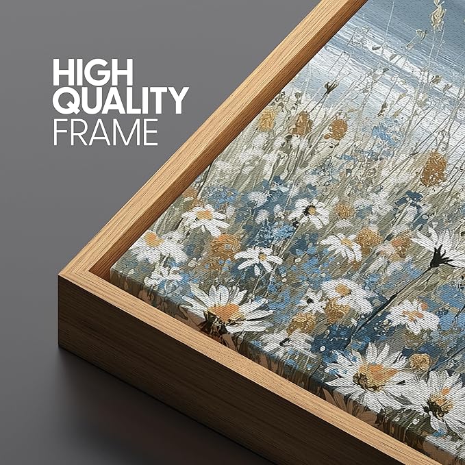 SIGNFORD Large Framed Canvas Print Wall Art Coastal Wildflowers Beach Meadow Landscape in Soft Blue and Beige Tones Illustrations Modern Art Relax/Calm Warm for Living Room, Bedroom, Office - 60"x20"