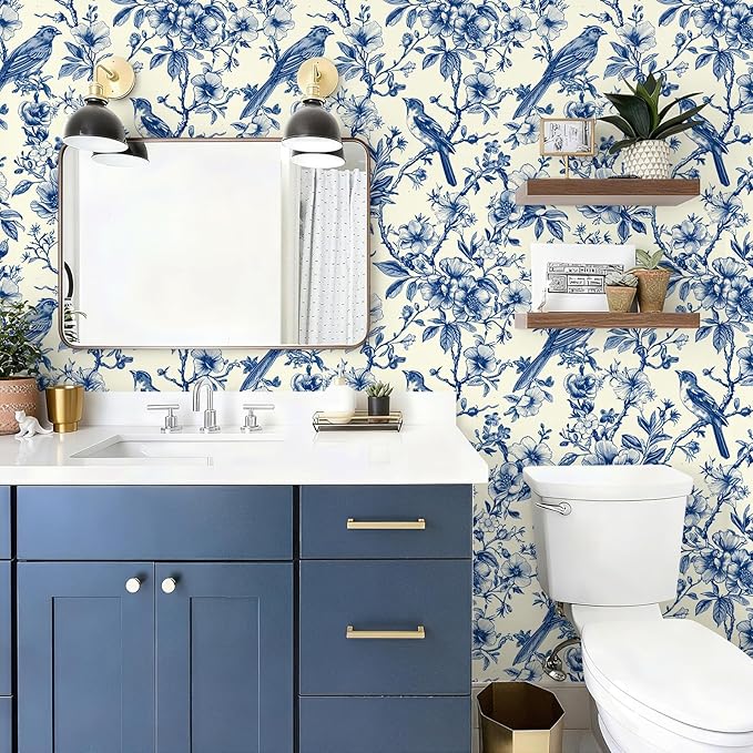 Floral Peel and Stick Vintage Animal Wallpaper Blue Bird Removable Botanical Leaf 17.7" x 236.22" Wall Paper Watercolor Self Adhesive Contact Paper for Classroom Bedroom Laundry Room Bathroom