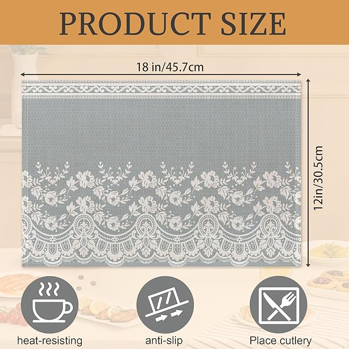 Lace Flower Placemats Set of 6,Washable Heat Resistant 12×18 Inch Linen Table Mats White Gray Place Mats for Party Outdoor Dining Décor