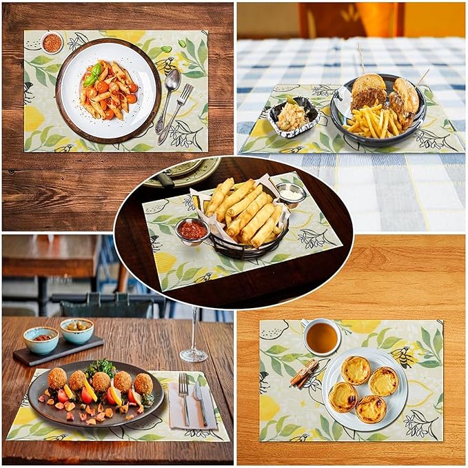 Lemon Table Placemats Set of 4 Farm Food Bee Animal Flower Placemat Set Farmhouse Kitchen Dining Holiday Party Waterproof Washable Table Mats for Kitchen Dining Decoration 4 PCS
