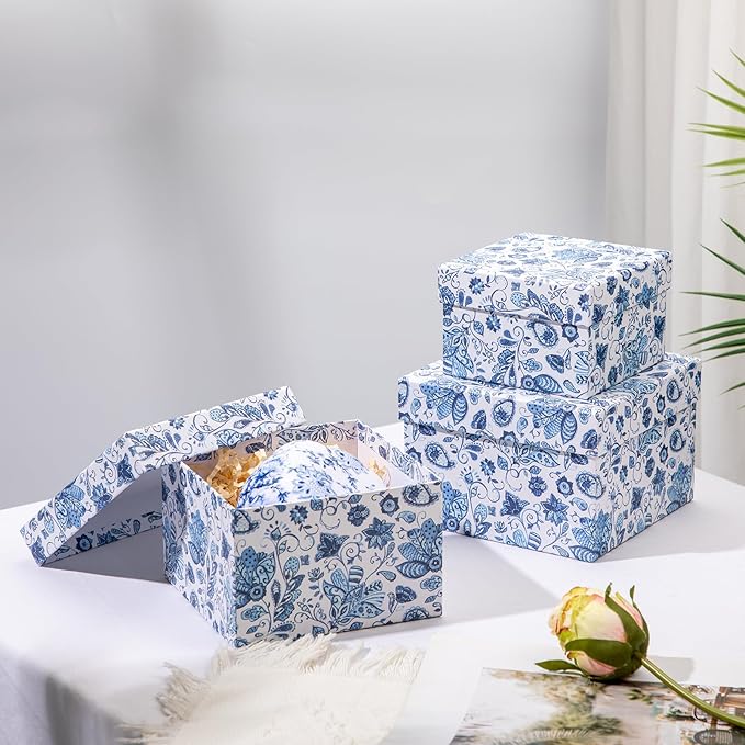 Briful Square Gift Boxes with Lids 4PCS Blue Flower Print Gift Box for Presents Nesting Assorted Sizes Present Boxes for Christmas Birthday Valentines Party Gift Wrap