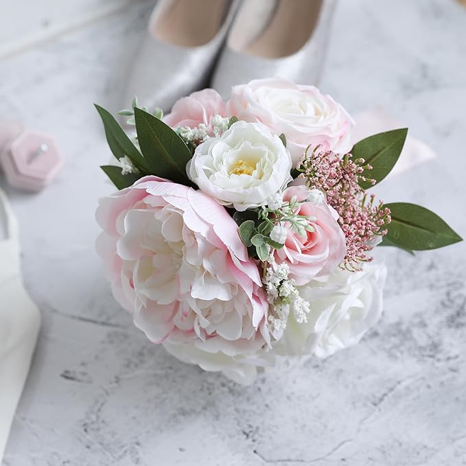 ponatia Blush Pink Wedding Bouquets for Bride Bridesmaid, Ivory Artificial Roses Flowers for Wedding Bouquets Ceremony, Anniversary