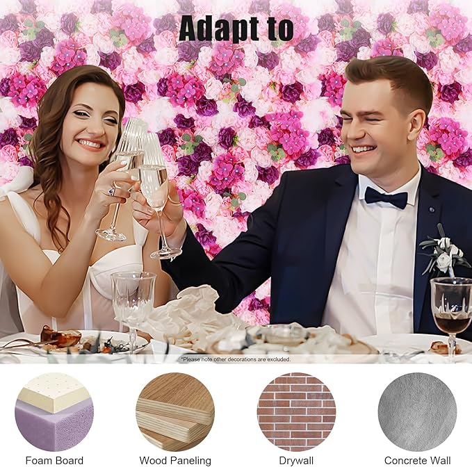 Flower Wall Backdrop 3D Wall Panels, 6Pcs Artificial Flower Wall Panel Silk Rose Floral Decorative Faux Flower Wall Background for Wedding Home Decoration (Pink, Purple,23.6 * 15.7in)