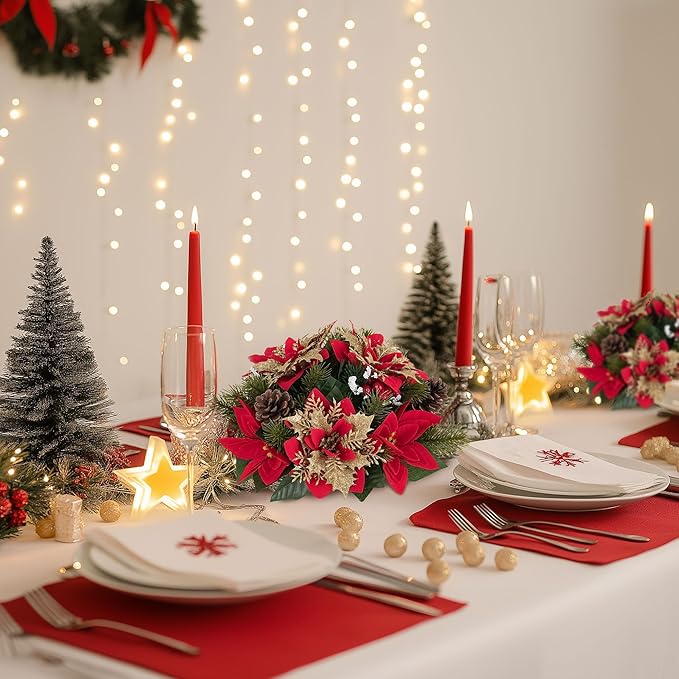 BLOSMON Poinsettias Christmas Flowers Decorations: 6 Pcs Red Gold Glitter Fake Christmas Floral Ball Centerpieces Artificial for Tables Silk Faux Poinsettia Holiday Flower Arrangement Xmas Plant Decor