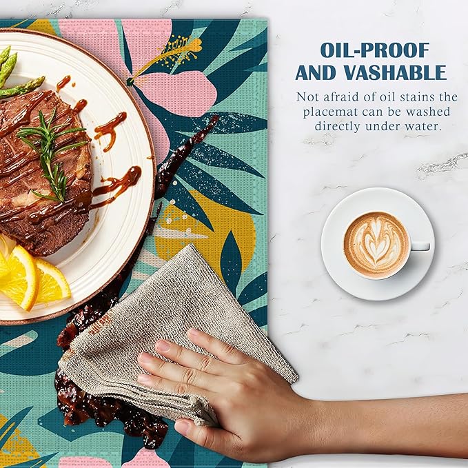 Boho Foliage Botanical Placemats Set of 4, Tropical Palm Leaves and Floral Place Mats Heat Resistant Washable Non-Slip Table Mats for Party Kitchen Dining Decor 12x18 Inch