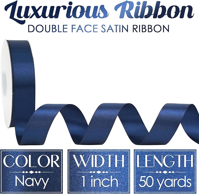 MEEDEE Navy Ribbon 1 Inch Navy Blue Satin Ribbon Lux Double Faced Satin Ribbons by 50 Yards Polyester Blue Wrapping Ribbons for Crafts, Weddings, Flower Bouquet, Holiday Decorating