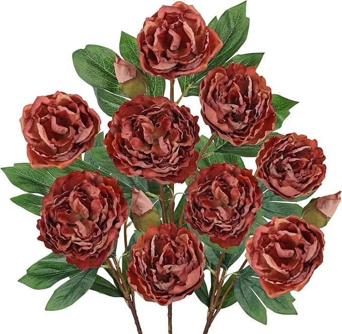 Briful 3 Pack Artificial Peony Flower 27.5" Tall Brick Red Silk Peonies Floral Stems Real Touch Faux Peony Flower for Wedding Bouquets Home Floral Arrangements Table Centerpieces DIY Décor