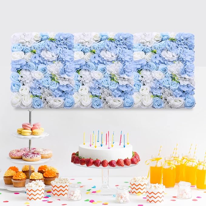 LOYALHEARTDY 4 Pack Artificial Flower Wall Panels 24" x 16" Blue & White Faux Hydrangea and Rose Artificial Flower Backdrop Panels for Wedding Party Event Flower Wall Decor