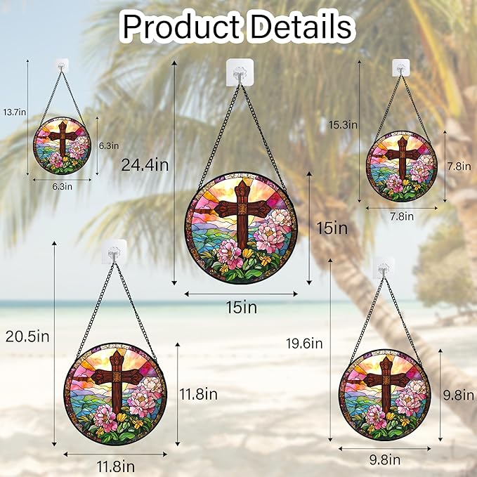 Christian Gifts for Women - Cross Stained Glass Window Hanging Jesus Easter Pink Flower Peony Sun Catcher Garden Religion Decor Mother's Day Catholic Gift for Men Grandma Mom Her Nana 7.8"