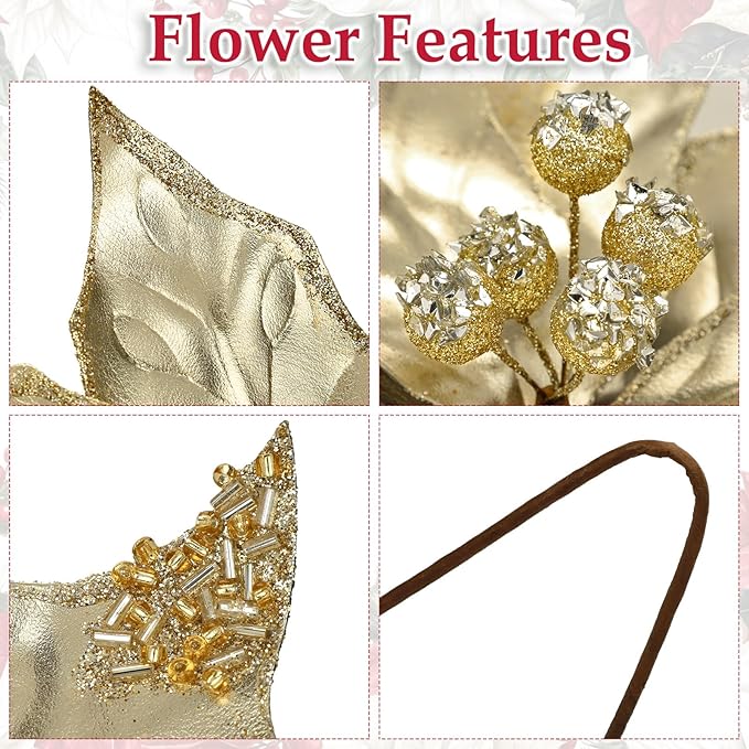 3 Pcs Artificial Christmas Flowers 11 Inch Glitter Poinsettia Picks Christmas Tree Ornaments Topper Decorations Champagne Poinsettias Flowers for Xmas New Year Wreath Garland Wedding Party Decor