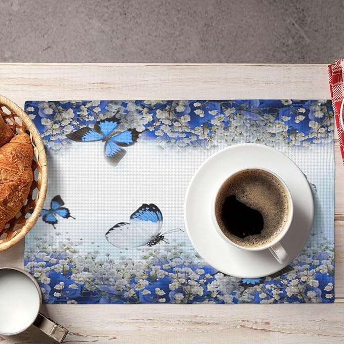 Blue Butterfly Flowers Placemats Set of 4,Spring Summer Flower Place Mats Washable for Kitchen Dining Table Heat Resistant Decorative Colth Table Mats 4 PCS, Style-3