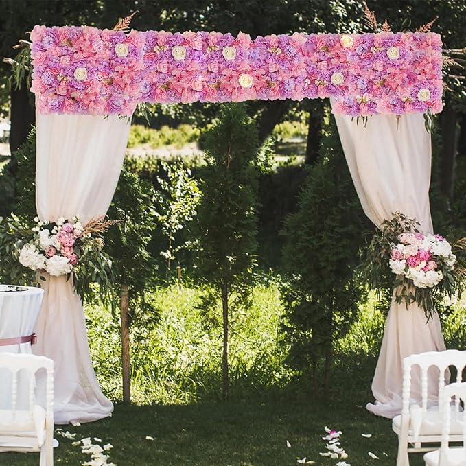 3D Flower Wall Backdrop - 12-Panel Set with Pink & Purple Roses for Home, Wedding, Party (15x15 inch)
