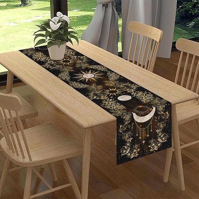 Boho Floral Table Runner, Spring Gothic Moon Phase Wildflower Mystical Witchy Farmhouse Coffee Table Center Decor for Home Kitchen Dining Patio Holiday Party Table Decorations 13x36 inches