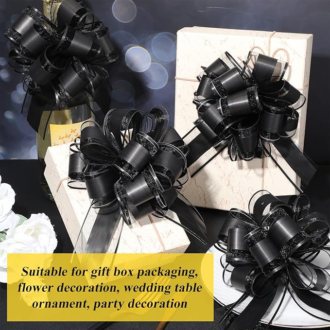 WILLBOND 20 Pieces 6 Inch Pull Bows Gift Wrapping Ribbon Pull Bows for Christmas Wedding Baskets Valentine Multicolor Wrap Accessory for Gift Present Holiday Decor(Solid Black)