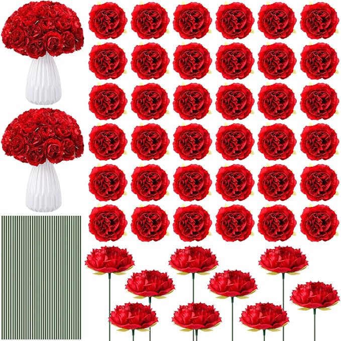 200 Pcs Flowers Long Stem Artificial Rose Bulk, 3.2 Inches Silk Rose Head Flowers Faux for Wedding Bridal Bouquet Independence Day Home Floral DIY Centerpieces Party Decoration(Red)