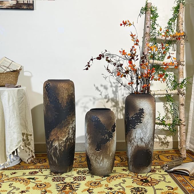 Black Rustic Ceramic Tall Floor Vase, 15.7 Inch Vintage Large Farmhouse Vase Pottery Clay Terracotta Rustic Vases for Home Decor Living Room Entryway Table Centerpieces,Kitchen,Housewarming Gifts