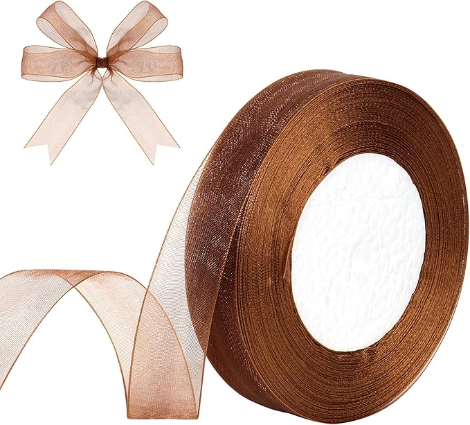 3/4 Inch x 50 Yards Sheer Organza Ribbon Chiffon Ribbon for Gift Wedding Flower Bouquet Wrapping Decorations Crafts (Brown)