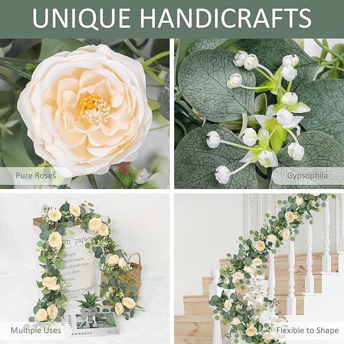TOCHGREEN 4 Pack 24Ft Artificial Eucalyptus Flower Garland with Champagne Roses, Fake Rose Flower Greenery Garland Floral Vines for Wedding Home Party Table Runner Decor (4PCS, Champagne)