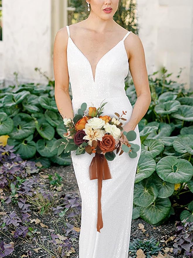 Rinlong 1Pc Fall Wedding Bouquets for Bridesmaids Bride Terracotta Artificial Bridesmaid Bridal Bouquet for Wedding Prom