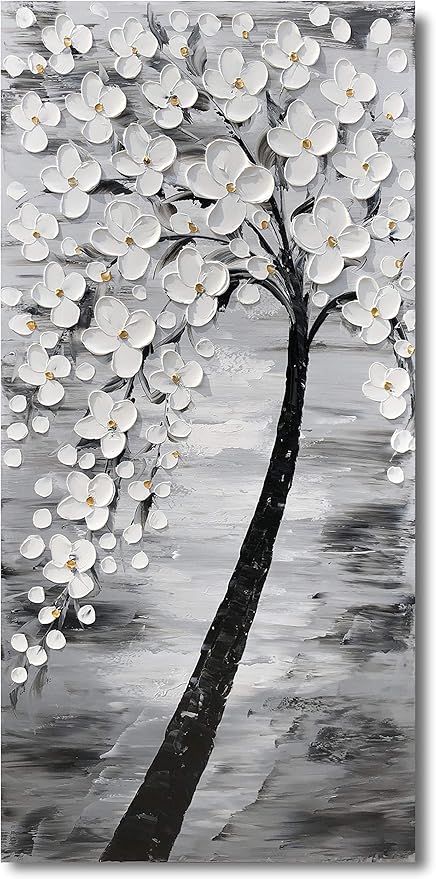 Yihui Arts 3D White Flower Canvas Wall Art Hand Painted Grey Paintings Vertical Artwork for Living Room Bedroom Hallway Decoration