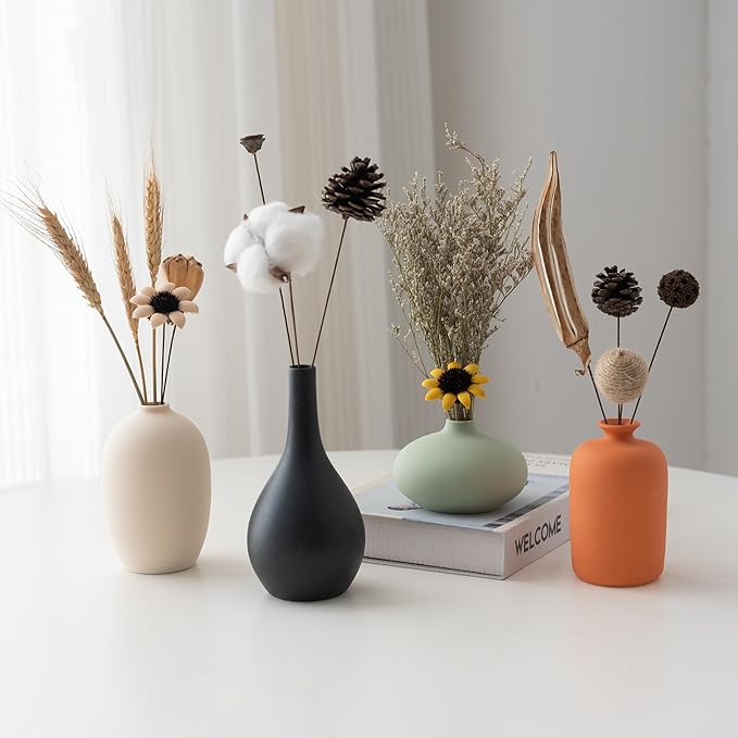 Ceramic Vase Set of 4 for Modern Home Decor Minimalist Bohemian,Round Matte Vases for Dried Flowers&Pampas Grass Ceramic Decoration for Office,Shelf,Living Room,Bedroom,Entryway Decor